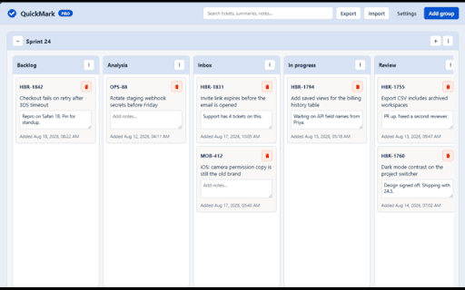 QuickMark for Jira: Issue Bookmarks & Kanban :: Bookmark Jira issues in one click. Organize them on a personal kanban board, add private notes, and open a whole list at once.