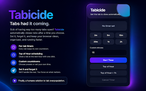 Tabicide :: Sick of having way too many tabs open? Tabicide takes care of that for you by automatically closing tabs after a time you choose.…