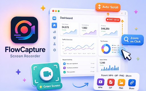 FlowCapture - Screen Recorder + Green Screen :: Smooth scrolling screen recorder with green-screen webcam. Record demos and export MP4, GIF, or MP3 — 100% on-device.
