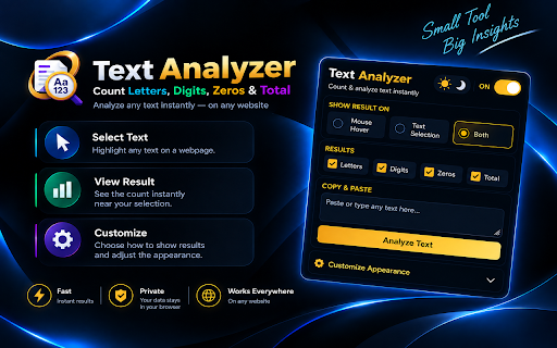 Text Analyzer – Count Letters & Digits :: Analyze text on any webpage and count letters, digits, zeros, and totals.