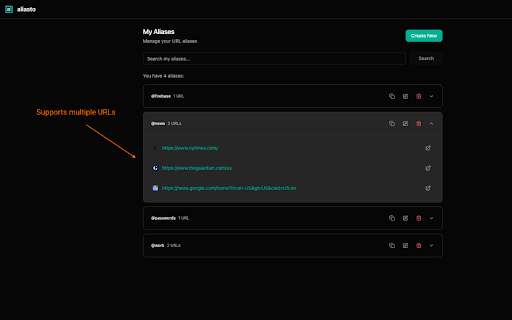 Aliasto :: Create personal short links to your favorite websites, stored locally in your browser.