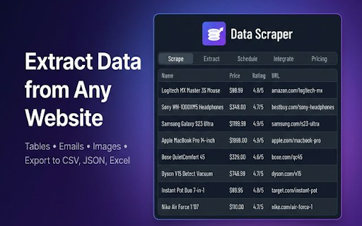 Data Scraper :: Powerful data extraction from any website. Auto-detect tables, lists, emails, images. Export to CSV, JSON, Excel.
