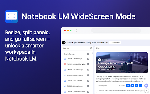Notebook LM WideScreen Mode :: Enhance your Notebook LM with widescreen mode. Use right/left panels, resize, and full screen for a better workspace.