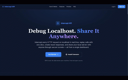 Intercept API: Localhost Tunnel & Debugger :: Debug, replay & mock localhost API requests, test webhooks, and share your local server via a secure tunnel — right from Chrome.
