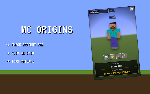 MC Origins: Account Age & 3D Skin :: View your Minecraft account creation date. Not an official Minecraft product. Not associated with Mojang or Microsoft.