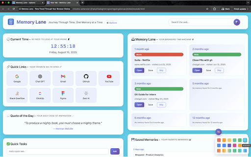 Memory Lane - Time Travel Through Your Browser History :: See what you were browsing 1-12 months ago every time you open a new tab. Save your favorite memories and revisit them later.