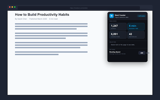 Word Counter :: Word counter & reading time estimator. See word count, character count, and text stats for any page or selection.