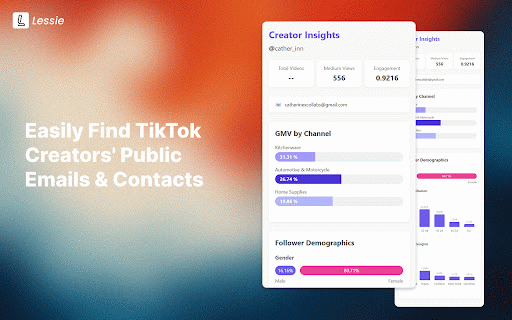 Lessie – Discover TikTok Influencer Public Emails & Contact Info :: Discover TikTok creators' public contact info . No private data is collected. Only activates on TikTok profiles.