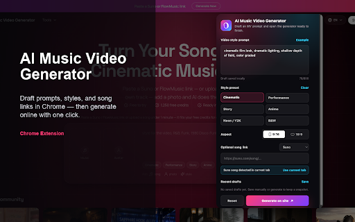 AI Music Video Generator :: Turn any song into a cinematic AI music video. Paste a Suno or FlowMusic link, pick a style, generate online.