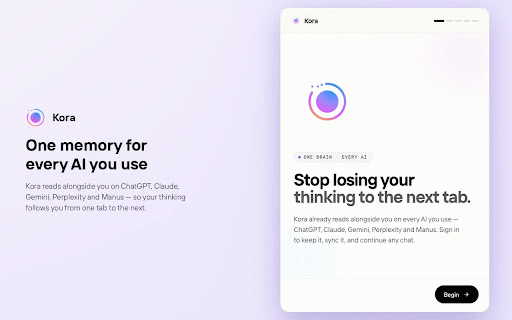 Kora for Chrome :: One memory for every AI. Kora captures your ChatGPT, Claude, Gemini, Perplexity & Manus chats so you can search and continue them.