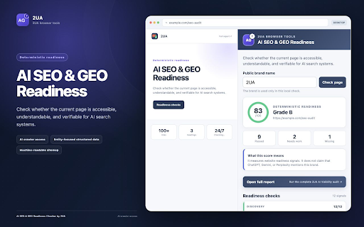 AI SEO & GEO Readiness Checker by 2UA :: Check AI crawler access, schema, llms.txt, sitemaps, and AI-ready page content.