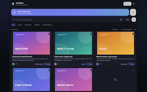 ChatShelf for AI Chats :: Save AI chats, prompts, links, URLs, and visual thumbnails in a calm Chrome sidebar.