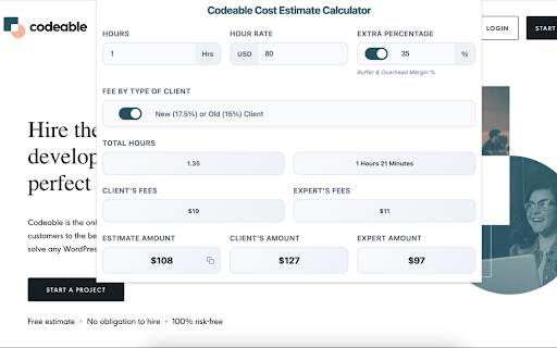 Codeable Cost Estimate Calculator :: Calculate project estimates for Codeable freelancers with accurate client and expert fee calculations