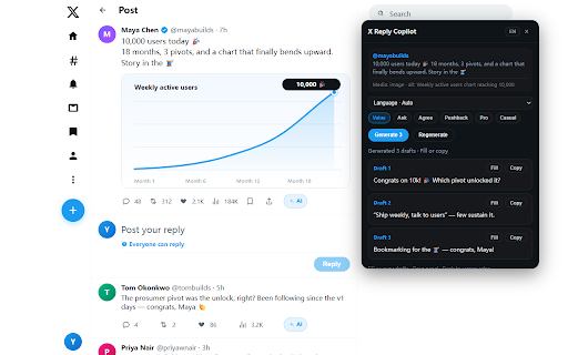 X Reply Copilot – AI Reply & Comment Assistant for X/Twitter :: AI reply & comment assistant for X/Twitter. Context-aware Chinese & English draft replies you edit before posting.