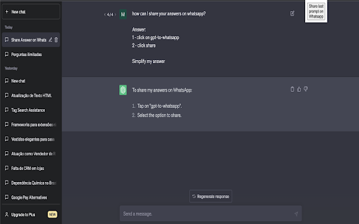 ChatGPT to Whatsapp :: Share your most recent question with ChatGPT on WhatsApp effortlessly with just ONE click!