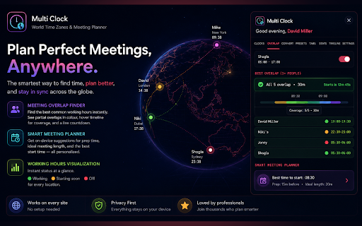 Multi Clock – World Time Zones & Meeting Planner :: Multiple time zones on a live world clock, plus a meeting-overlap finder, working hours, tab groups and focus mode. Offline.