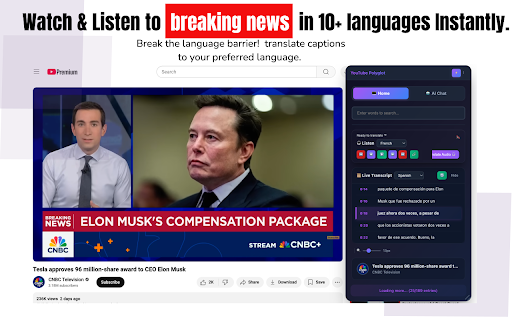 YouTube Polyglot: Read, Search & Translate YouTube Videos in Your Language :: AI-powered Chrome extension for YouTube: search videos, live transcribe, and translate captions in 10+ languages instantly.