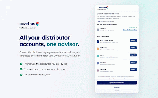 Covetrus VetSuite Advisor :: Compare contracted distributor prices and sync order history in Covetrus VetSuite Advisor, using accounts you already have.