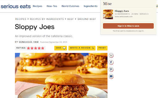 Mise — Recipe Saver :: Save any recipe to your Mise cookbook in one click. Detects schema.org recipes on food blogs — no copy-paste needed.