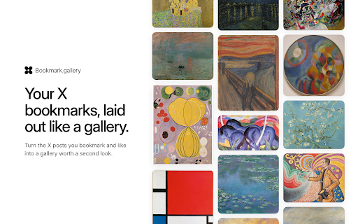 Bookmark Gallery – X (Twitter) Bookmarks & Likes Manager :: Turn the X posts you bookmark and like into a gallery worth a second look. Imports right from your browser.