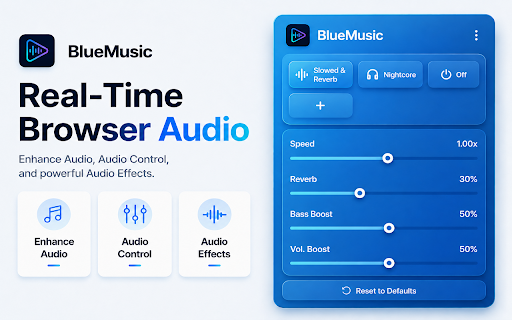 BlueMusic Slowed Reverb & Audio Effects :: Real-time audio effects for YouTube, Spotify, etc. Apply Slowed & Reverb, Bass Boost +. Make every song sound better than ever.