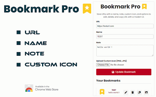 Bookmark - Save, Edit & Organize :: Save URLs with a name, note, custom icon, and options to edit, delete, and copy URL with a modern UI.