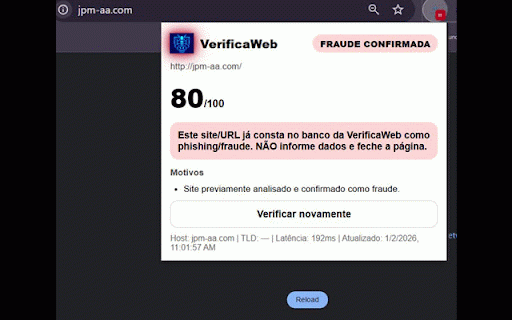 VerificaWeb :: Verifica sites e links suspeitos consultando a base VerificaWeb e aplicando score heurístico.
