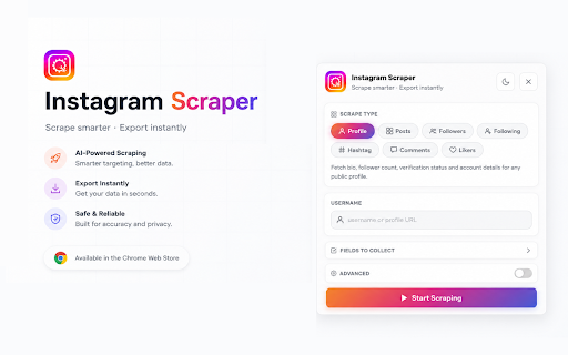 Instagram Scraper - Posts, Hashtags & More :: Free Instagram scraper. Export profiles, posts, followers, hashtags & comments to CSV or JSON instantly.