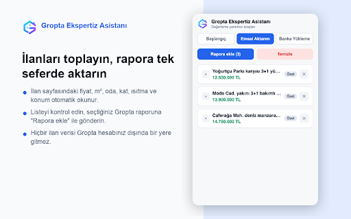 Gropta Ekspertiz Asistanı :: Değerleme uzmanları için: emsal aktarımı, TKGM/NVİ/EKB resmî sorgu görüntüleri, banka ekspertiz formlarını Gropta'dan doldurma.
