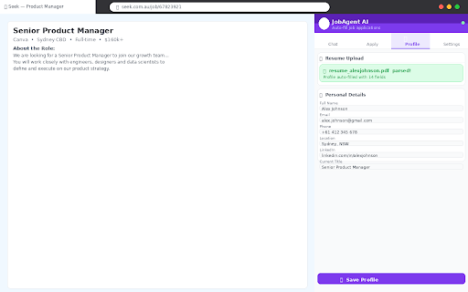 JobAgent AI — Auto Apply :: Free AI agent that auto-fills job applications on LinkedIn, Indeed, and any job site using Google Gemini.