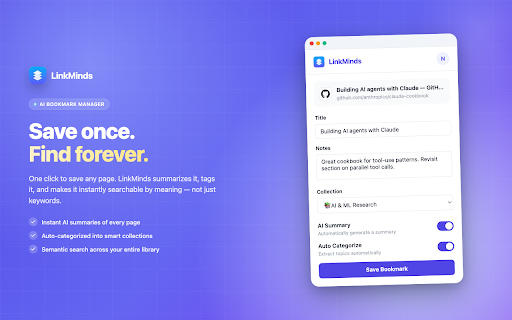 LinkMinds - AI Bookmark Manager :: Save once. Find forever. AI-powered bookmark manager with semantic search.