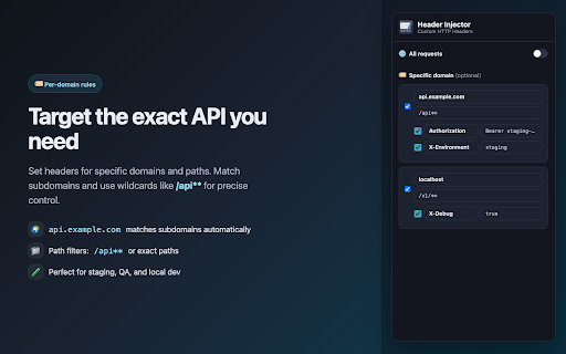 Header Injector – Custom HTTP Headers :: Modify and inject custom HTTP request headers globally, per domain, or per path. For developers, API testing, and debugging.
