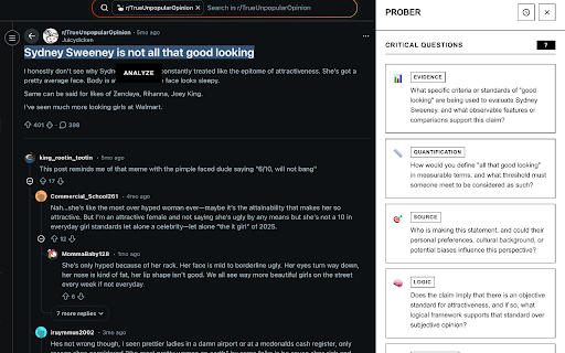 Prober :: Generate critical thinking questions for any text you select. AI analysis with customizable styles and multiple providers