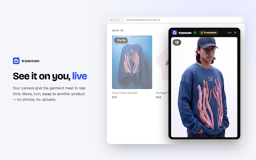 tryoncam: Virtual Try-On for Clothes :: See clothes on you before you buy. Click Try On on a product photo and watch it on you, live, through your camera.