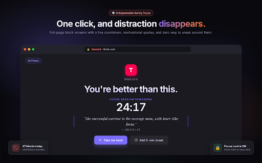 Driftless :: Focus that actually holds. A Pomodoro focus timer, unbypassable site blocker, and Shorts/Reels killer.