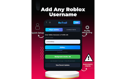 RoTrail – Roblox Profile Alerts :: Get notified instantly when Roblox profiles change for usernames, friends, or inventory updates.