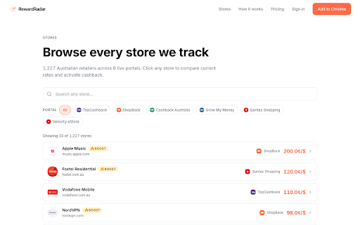 RewardRadar — Australian cashback rates :: Get a push notification the moment a saved store hits a BUY NOW signal across Australian cashback portals.