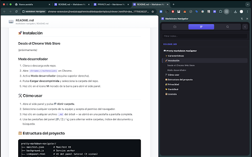 Pretty Markdown Navigator :: Browse local folders and read your Markdown files with a beautiful viewer, automatic outline and in-document search. 100% local.