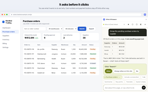 Wrks AI Browser :: Reads the page you are on and does the clicking and typing for you, driven by the Wrks AI Desk app on your computer.