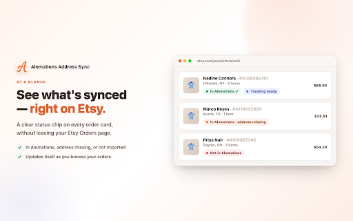 Alomations Address Sync :: Matches Etsy order shipping addresses by order number and sends them to Alomations.