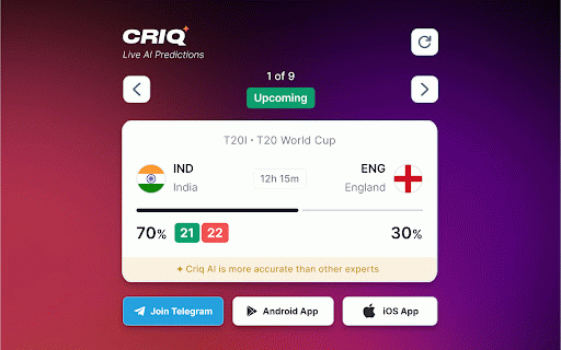 Criq – Cricket Live Scores & Match Predictions :: Real-time cricket scores, stats & AI match predictions for T20, ODI, Tests, IPL & World Cup 2025.