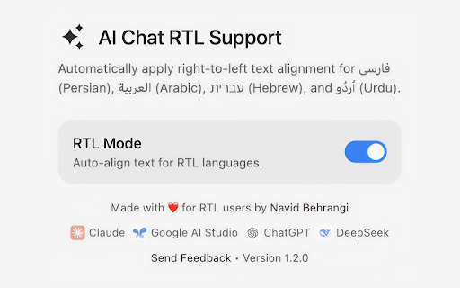 AI Chat RTL Support :: RTL support for AI chats like ChatGPT, Claude, Google AI Studio & DeepSeek. Better readability for Persian, Arabic, Hebrew & Urdu.
