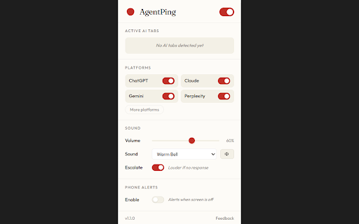 AgentPing :: Get alerts when supported AI tabs finish responding, with sound, desktop, and optional phone notifications.