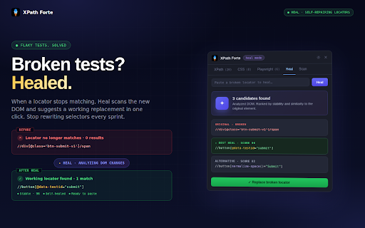 XPath Finder & CSS Selector Generator – XPath Forte :: XPath finder, CSS selector & Playwright locator generator. Element inspector with stability scoring for Selenium automation testing.