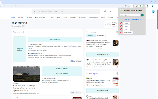 Google News Blocker :: Blocks articles on Google News containing specified keywords.