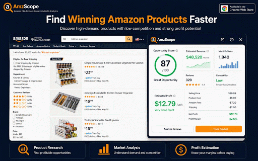AmzScope – Amazon FBA Product Research & Sales Estimator :: Find profitable Amazon products fast: on-page sales, revenue, BSR, profit & opportunity grade. 100% free, private, no account.