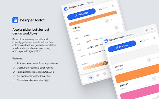 Designer Toolkit :: Toolkit for designers and developers. Pick colors, grab fonts, check WCAG contrast, simulate color blindness and more.