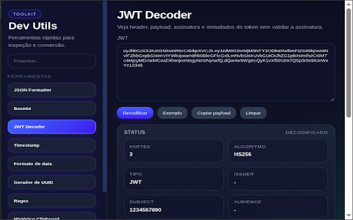 Dev Utils :: Coleção de utilitários para desenvolvedores: JSON, Base64, JWT, hash, regex, timestamp, API tester e mais.