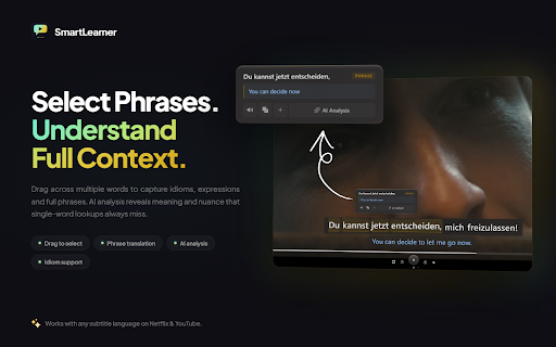 SmartLearner :: Watch Netflix and learn languages — dual subtitles, word click translation, AI explanations, and a built-in quiz system.