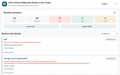 SEO Institute Wikipedia Broken Links Finder :: Find and verify broken external links in Wikipedia articles by keyword.